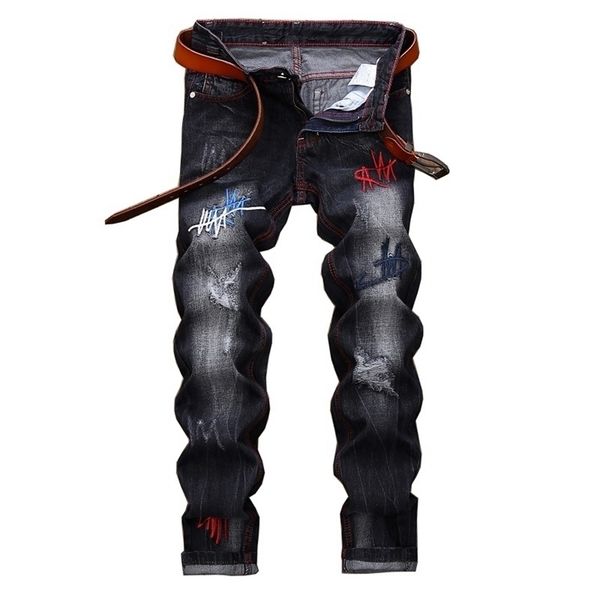 

mens jeans men straight black embroidered fashion designer casual denim hole pants trousers large size 220831, Blue