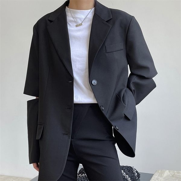 

women's suits blazers spring and autumn women's casual solid color singlebreasted pocket decoration split sleeve loose jacket 2208, White;black