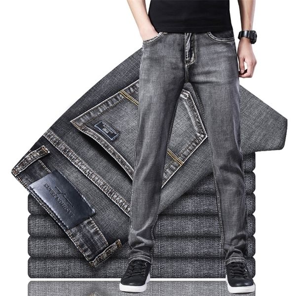 

mens jeans straight classic blue black grey denim elastic regular fit male stretch business casual style pants 220831