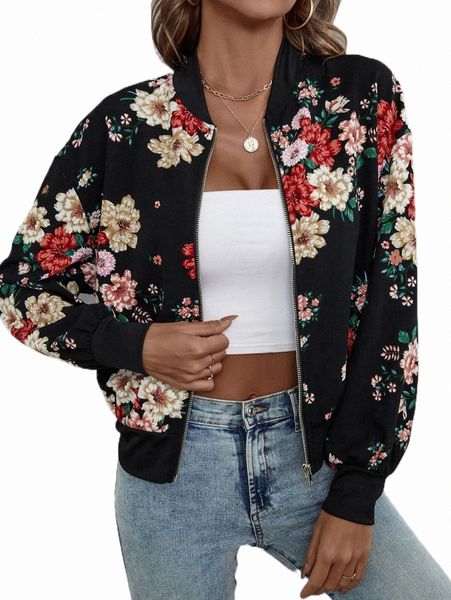 

women's jackets floral print drop shoulder bomber jacket n0mk#, Black;brown