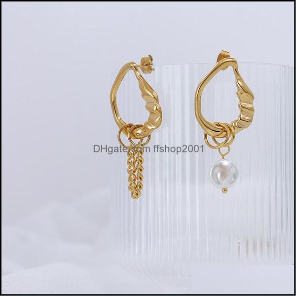 

charm special shape pearl charm earrings asymmetrical ear stud titanium steel jewelries with chains pearls 1897 t2 drop de ffshop2001 dhylc, Golden