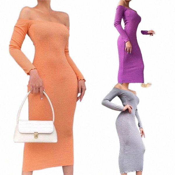 

casual dresses casual dresses vintage ribbed knitted dress 2021 autumn winter solid long sleeve maxi off-shoulder bodycon party skinny h5pg#, Black;gray