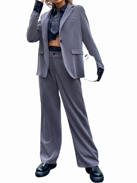 

two piece dress 1pc single button blazer & 1pc wide leg pants 07j6#, White