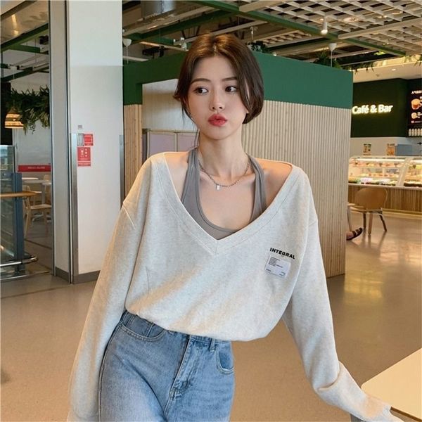 

womens tshirt aesthetic clothes pulovers casual korean long sleeve womens tshirts fake two fashion autumn graphic fashionable vneck 220831, White