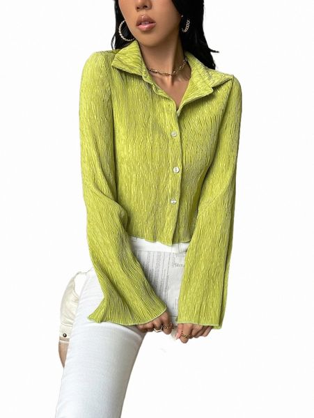 

women's blouses & shirts button front crop plisse shirt l928#, White