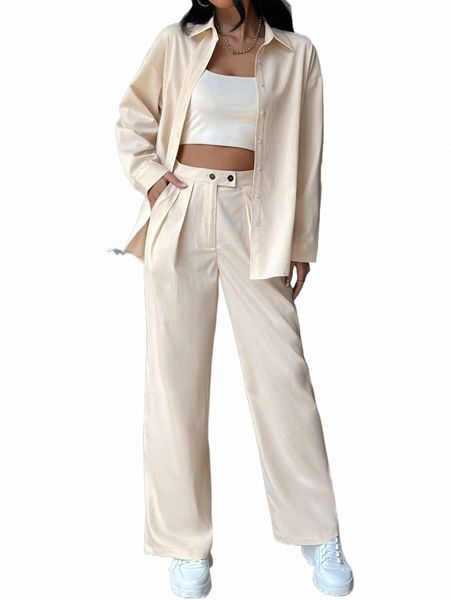 

two piece dress drop shoulder shirt & straight leg pants u0dv#, White
