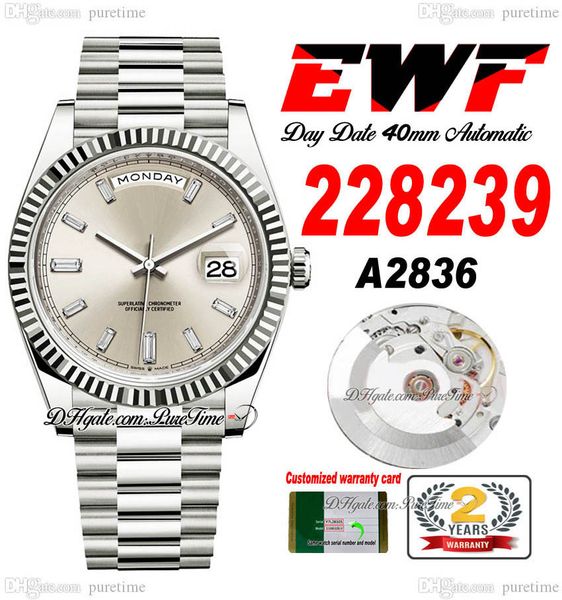 

ewf day date 228239 a2836 automatic mens watch 40 fluted bezel silver baguette sundust diamond dial presidential bracelet same serial card s, Slivery;brown