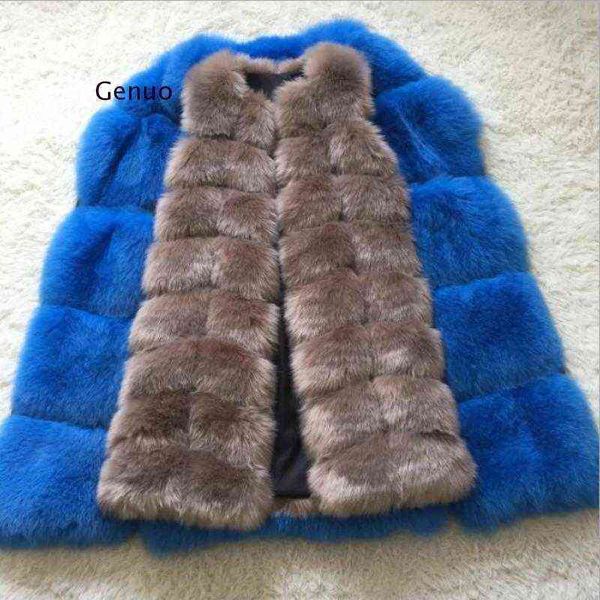

women's cape 90cm luxury women faux fur jackets sleeveless slim long faux fur vest gilet furry warm winter overcoat women t220913, Black