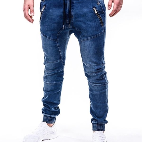 

mens jeans solid color vintage man wrinkle blue classic cargo pants mans zipper pockets hiphop denim pants drawstring casual trouser 220831