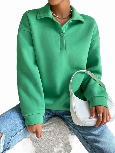 

women's hoodies & sweatshirts quarter button drop shoulder sweatshirt d0fg#, Black