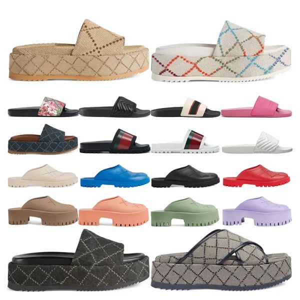 

2022 luxurys designers sandals for men women classic floral brocade slides flats leather rubber platform flip flops gear bottoms beach shoes, Black