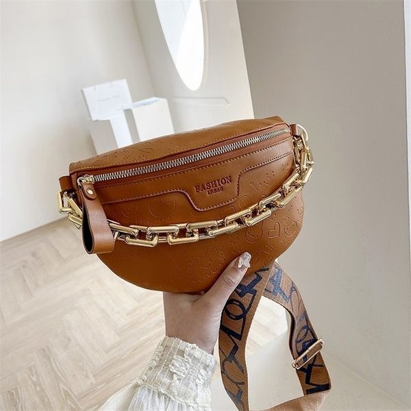 

waist bags cartoon pattern empaestic pu leather packs for women thick chain female cute fanny pack wide strap crossbody 220831