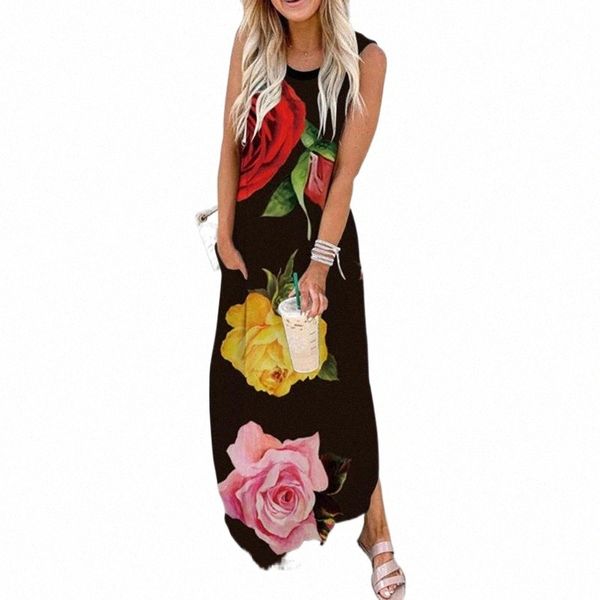 

casual dresses casual dresses boho summer dress womens floral rose printed robe femme sleeveless beach long maxi vestidos female loose sundr, Black;gray