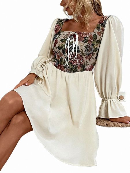 

casual dresses floral pattern lace up front flounce sleeve dress g2i3#, Black;gray