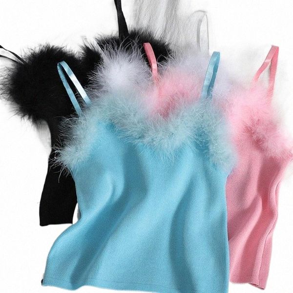

women's tanks & camis women's tanks & camis women fashion soft fur collar knitting tank girls knitted camisole fluffy feather bus, White