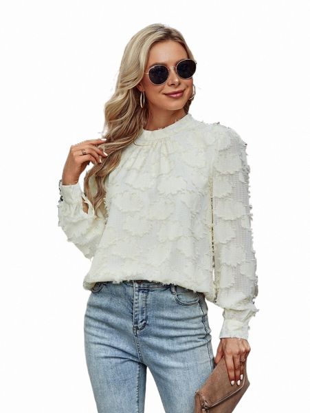 

women's blouses & shirts key hole back puff sleeve fuzzy blouse x5mo#, White