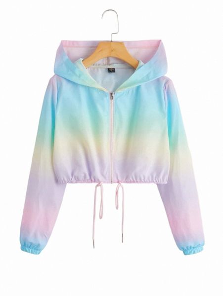 

women's jackets ombre drawstring waist hooded crop jacket m7i7#, Black;brown