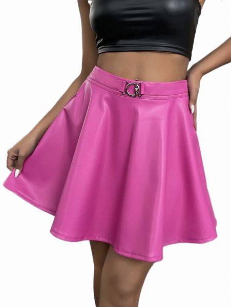 

skirts buckled waist zipper back pu skirt 2022 new 74pm#, Black