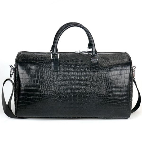 

male genuine leather travel bag large crocodile pattern big fitness handbag luggage drums shoulder business computer bags black men han204h