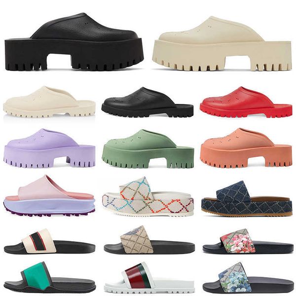 

luxury designer slide sandals womens platform perforated sandal slip-on slippers flowers printing denim fabic embossed summer beach shoes, Black