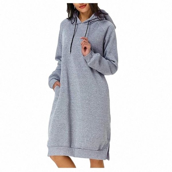 

women's hoodies & sweatshirts women's sweatshirt dress long split hooded autumn clothes solid sleeve pullovers casual woman dresse, Black