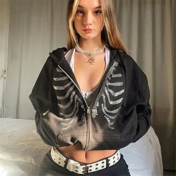 

womens hoodies sweatshirts y2k women skeleton grunge goth hoodie black hippie zip up oversized hoodies autumn winter dark waatfaak streetwea