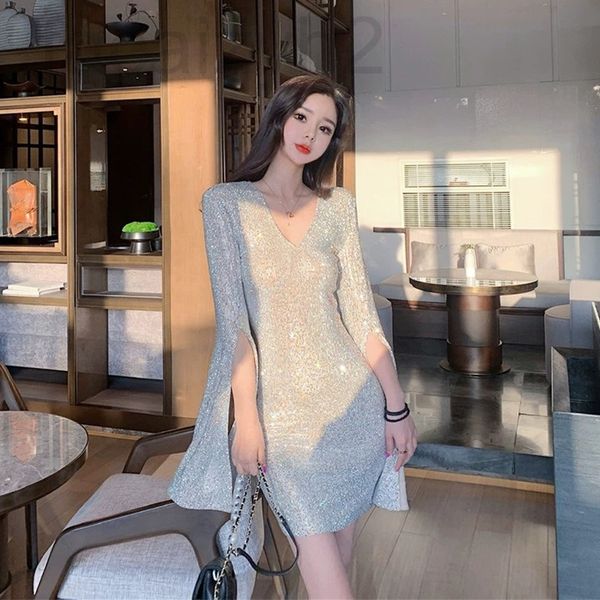 

casual dresses designer 2020 new wbc temperament celebrity v-neck heavy industry full length drill tricolor color slit long sleeve slim dres, Black;gray
