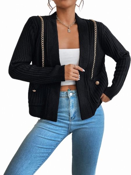 

women's sweaters chain detail pocket patched duster cardigan 31kq#, White;black
