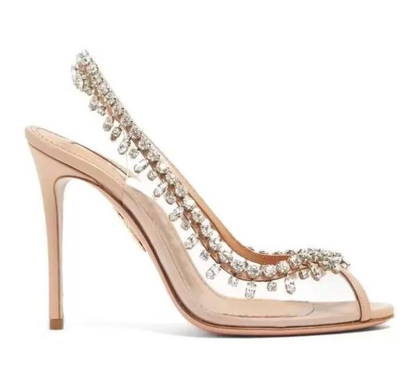 

2022 summer luxury temptation crystal concerto sandals shoes for women embellished pvc peep toe sling-back high heels bridal wedding party 3, Black