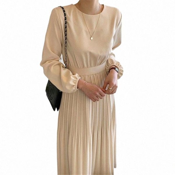 

casual dresses casual dresses hzirip 2021 minimalist autumn long pleated dress women vintage elegant ol work wear o-neck sleeve maxi vestido, Black;gray