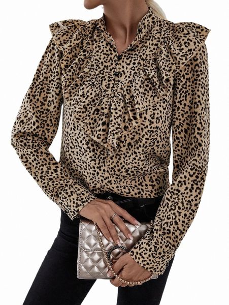 

women's blouses & shirts ruffle trim leopard print blouse p4ge#, White