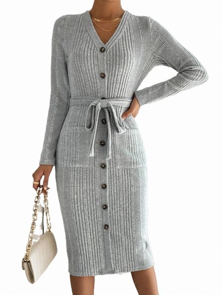 

casual dresses ribbed knit button front belted dress h6nb#, Black;gray