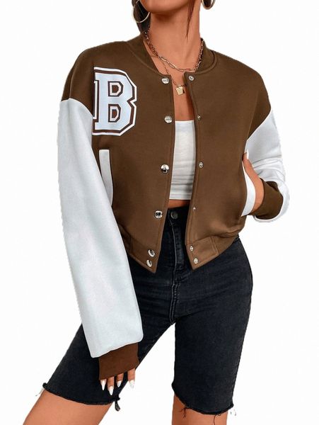 

women's jackets letter patched color block drop shoulder bomber jacket i7b0#, Black;brown