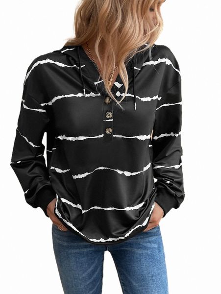 

women's hoodies & sweatshirts tie dye drop shoulder half button hoodie i9hc#, Black