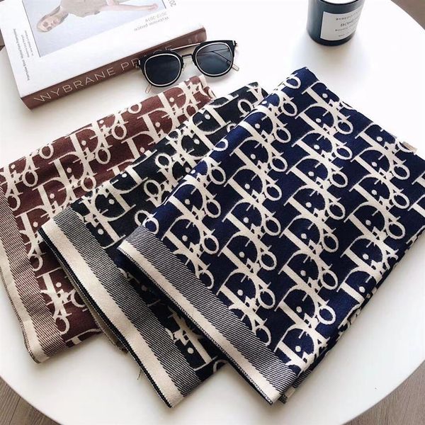 

d family letter cashmere scarf for women autumn winter new fashion cotton warm and thickened student shawl double sided neck254g, Blue;gray