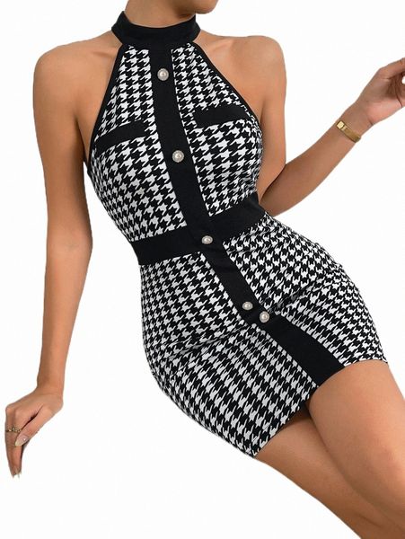

casual dresses houndstooth print halter neck bodycon dress t6q9#, Black;gray