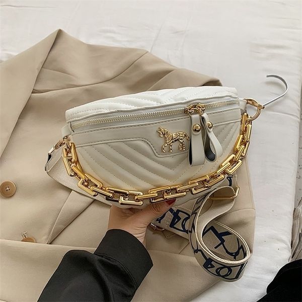

waist bags elegant tabby pu leather chain for women v stripe pack horse applique fanny wide strap crossbody chest bag 220831