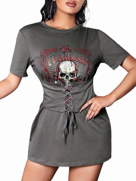 

casual dresses sxy letter & skull print grommet lace up dress w3nj#, Black;gray