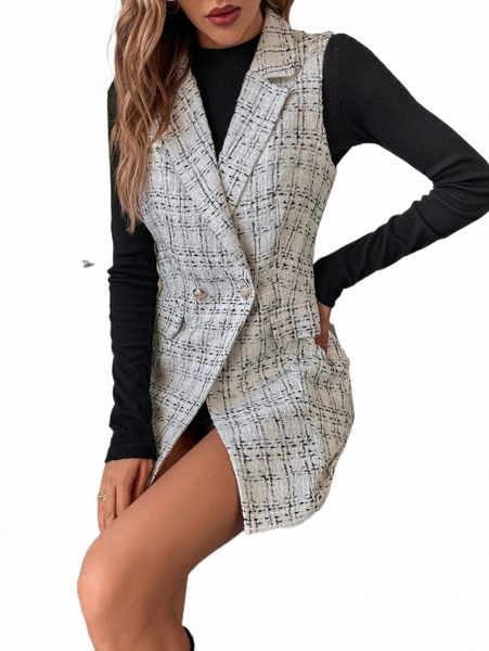 

women's down & parkas plaid double button lapel collar vest overcoat v2r0#, Black