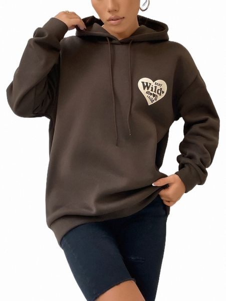 

women's hoodies & sweatshirts slogan & heart print drop shoulder drawstring thermal hoodie h82t#, Black