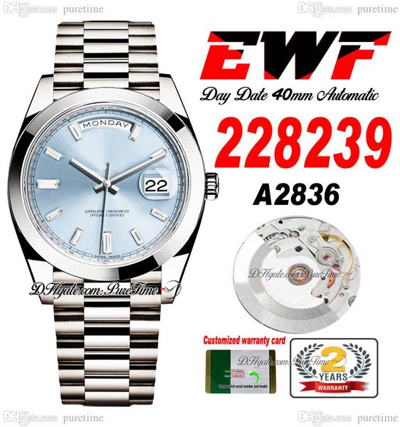 

ewf day date 228239 a2836 automatic mens watch 40 polished bezel ice blue baguette diamond dial presidential bracelet same serial card super, Slivery;brown