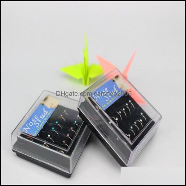 

nose rings studs stainless steel circar nasal nail 18pcs/boxes iamond inlay nose ring jewelry accessories titanium steels stud body dhltj, Silver