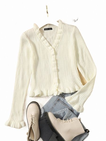 

women's sweaters flounce sleeve ruffle trim cardigan q5iw#, White;black