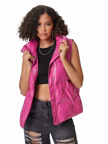 

women's jackets x soboss brand mock neck pu leather vest jacket o8r6#, Black;brown