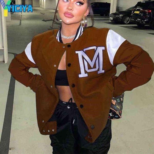 

women's jackets brown vintage varsity jacket women letter patchwork fashion long sleeve loose bomber jacket 2021 women winter oversized, Black;brown