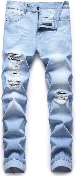 

men's jeans makksopi men's ripped jeans slim fit straight tube worn pants with holes, Blue