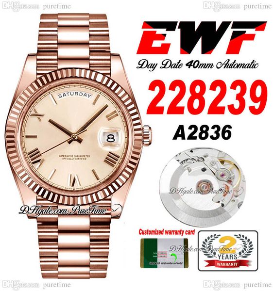 

ewf day date 228235 a2836 automatic mens watch 40 rose gold fluted bezel champagne roman dial presidential bracelet same serial card super e, Slivery;brown