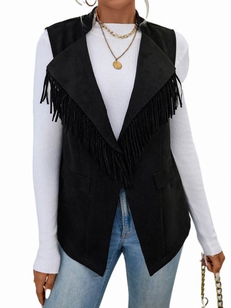 

women's two piece pants lapel collar fringe trim vest blazer v0nm#, White
