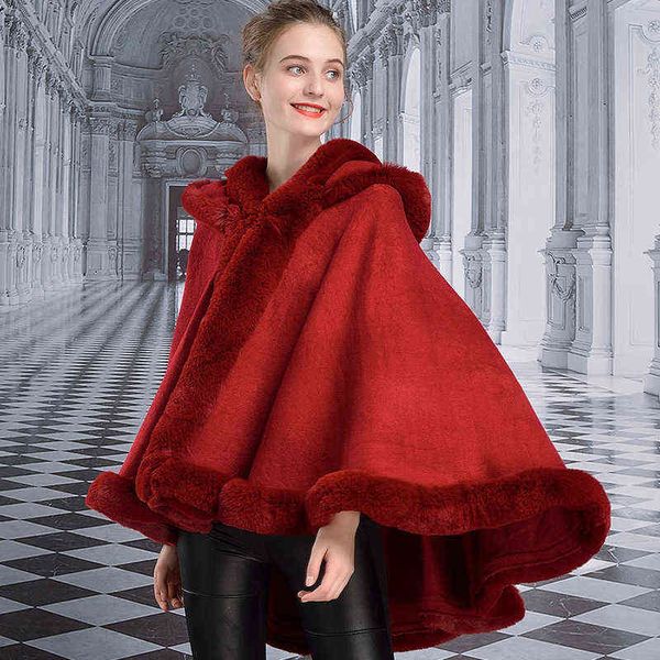 

women's cape winter manteau long warm wedding capes white wedding cloak bride shawl faux fur cape overcoat bridal wrap windbreaker t220, Black