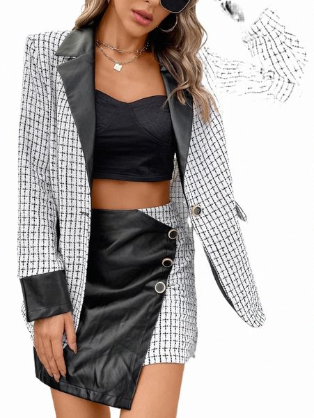 

two piece dress plaid colorblock tweed blazer & skirt d9tu#, White